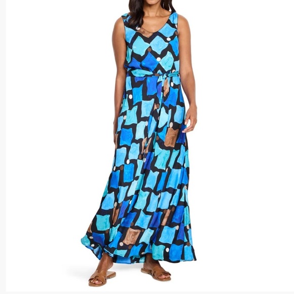 NWT NIC+ZOE Blue Multi Color Geometric Maxi Dress Sz. L - Picture 1 of 5